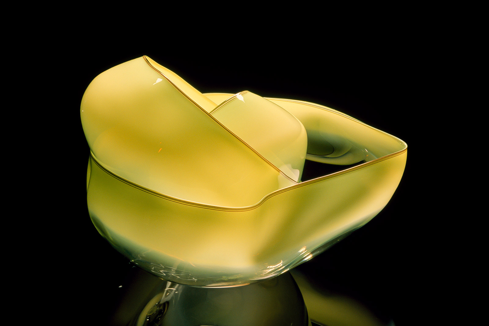 Dale Chihuly, Pale Jade Green Basket Set with Black Lip Wraps, 1994 7 x 16 x 14"