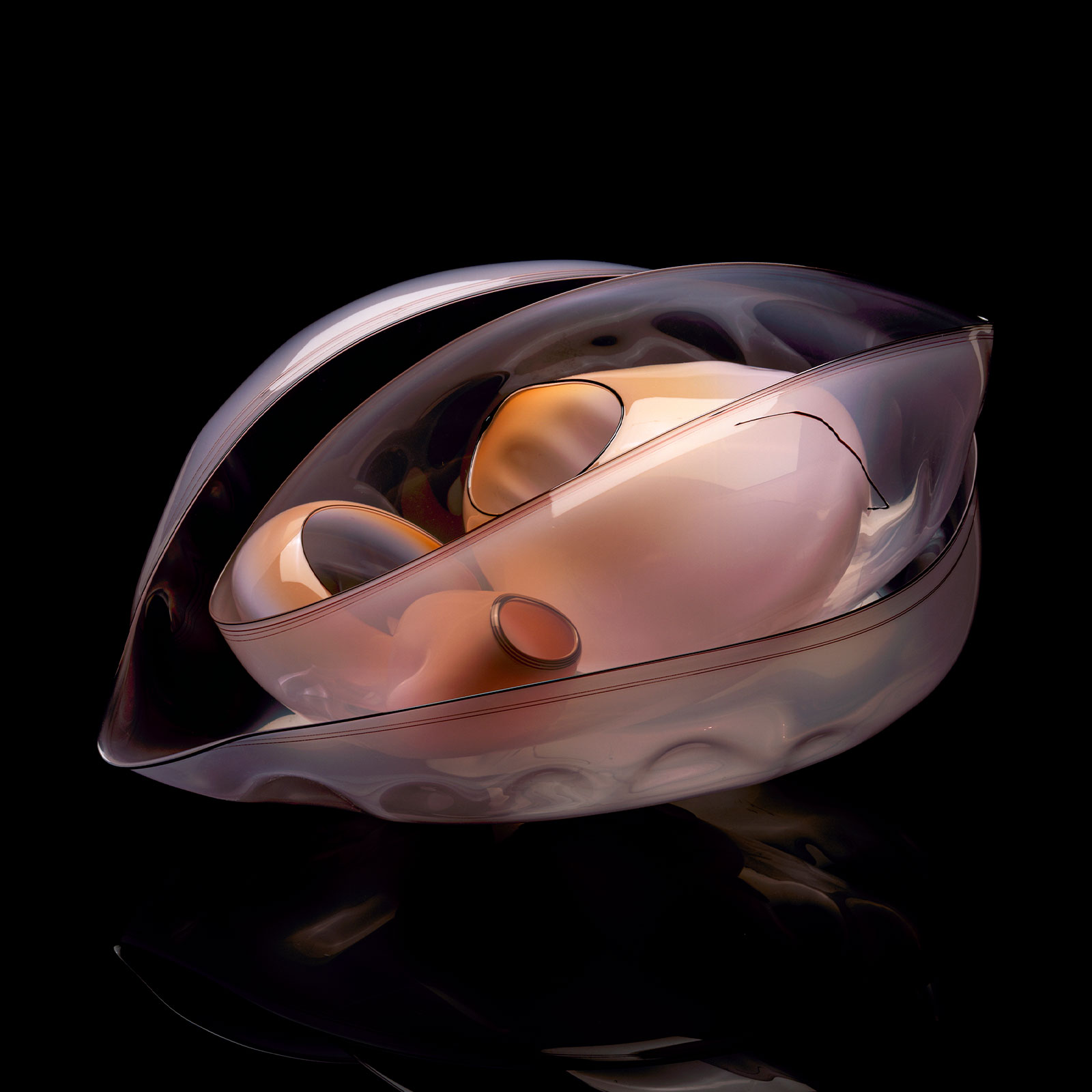 Dale Chihuly Light Rose Pink Basket Set with Black Lip Wraps, 1995