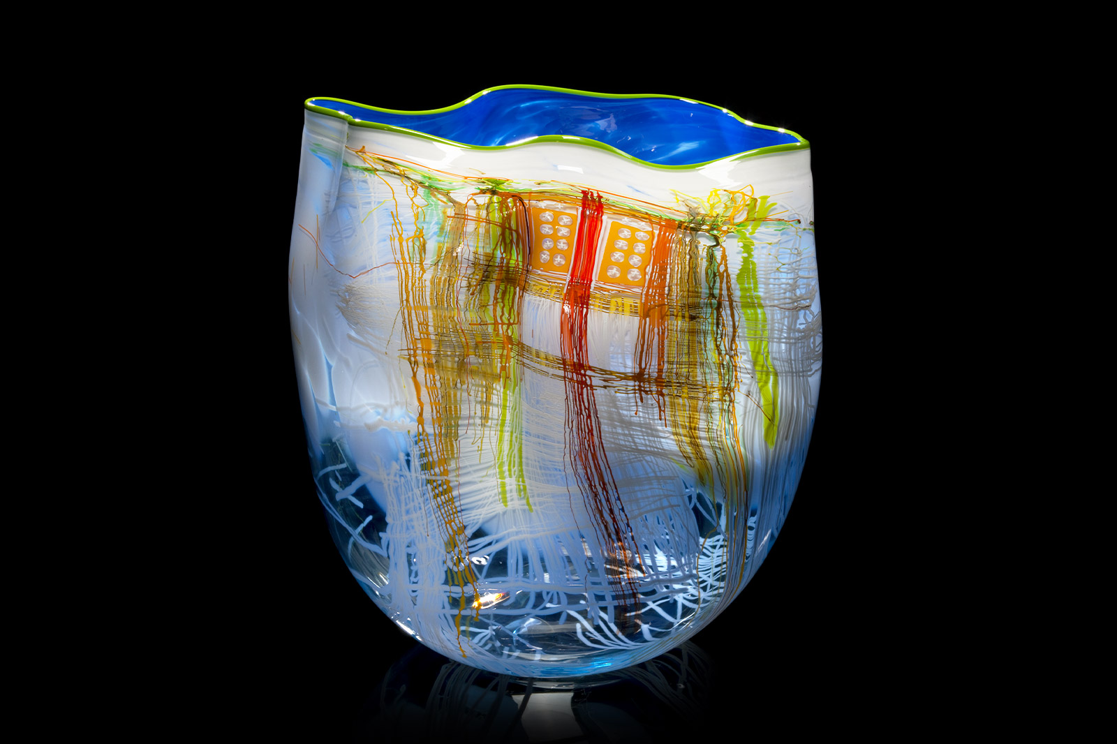 Dale Chihuly, Daphne Blue White Soft Cylinder with Moss Lip Wrap, 2012