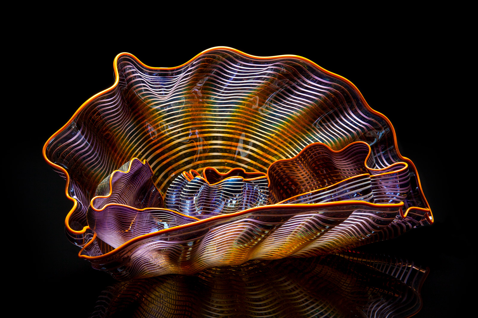 Dale Chihuly, Lavender Mist Seaform Set with Autumn Gold Lip Wraps, 2014, 10 x 17 x 9"