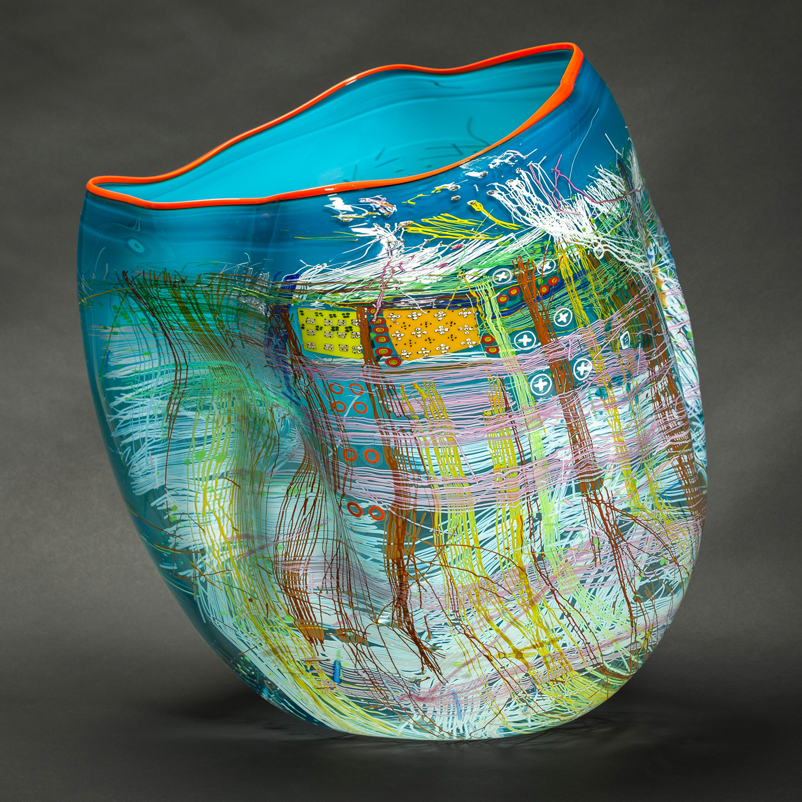 Dale Chihuly, Cerulean Blue Soft Cylinder with Coral Red Lip Wrap, 2014