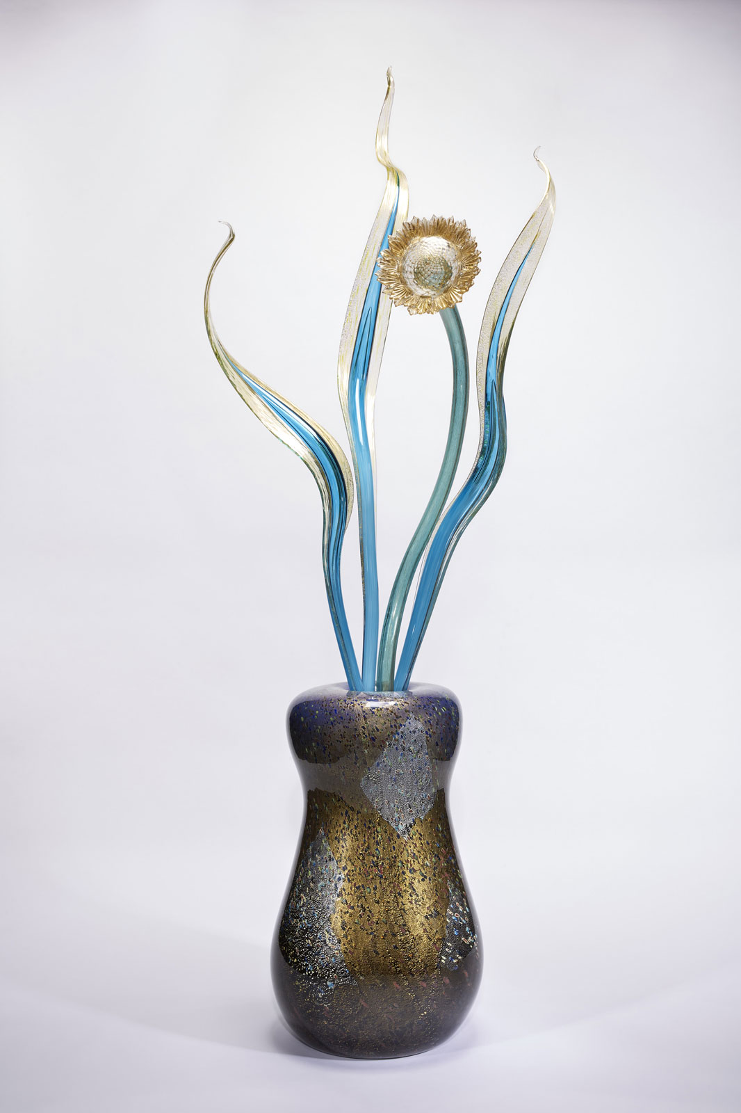 Dappled Midnight Blue Ikebana with Feathers and Stem, 2018 by Dale Chihuly