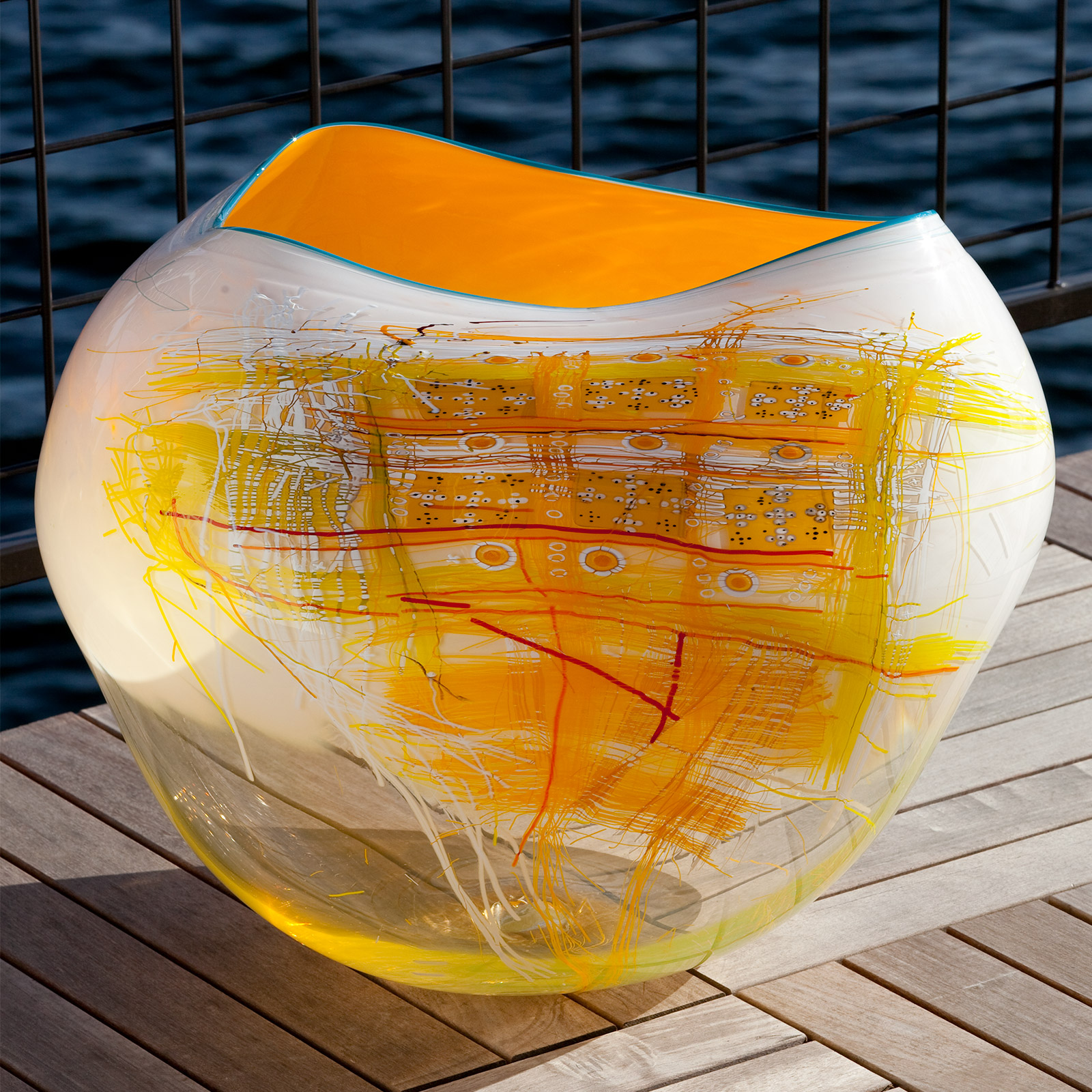 Dale Chihuly, Daffodil White Soft Cylinder with Sky Blue Lip Wrap, 2012