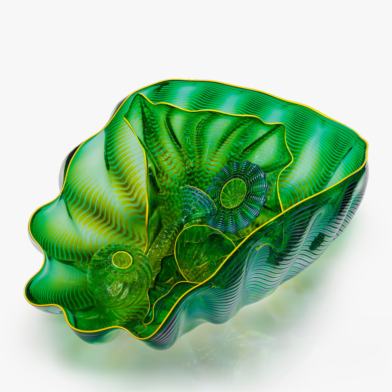 Locarno Green Seaform Set with Amber Yellow Lip Wraps, 2000 by Dale Chihuly